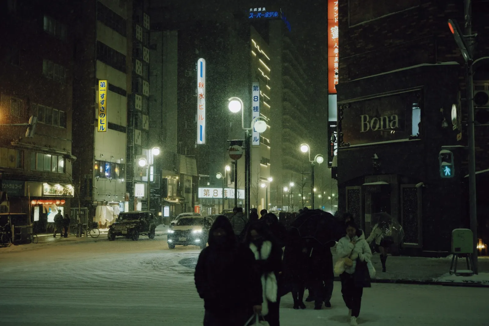A Sapporo street at night with snow piled along the kerb, lit signs and people walking under umbrellas